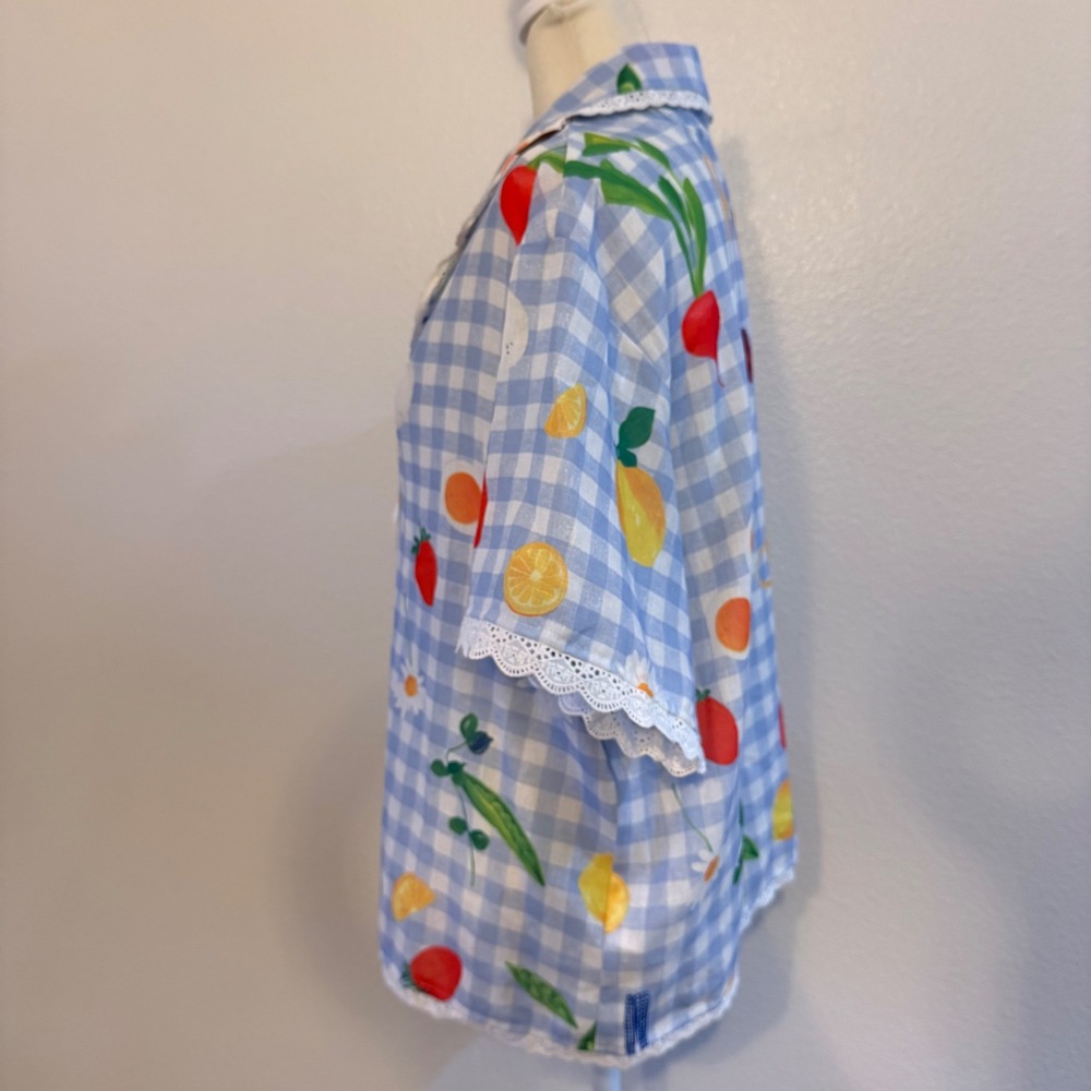 Gingham Fruit Print Coquette Mixed Media Button Up Shirt Grandma Women L Blue - Picture 5 of 6